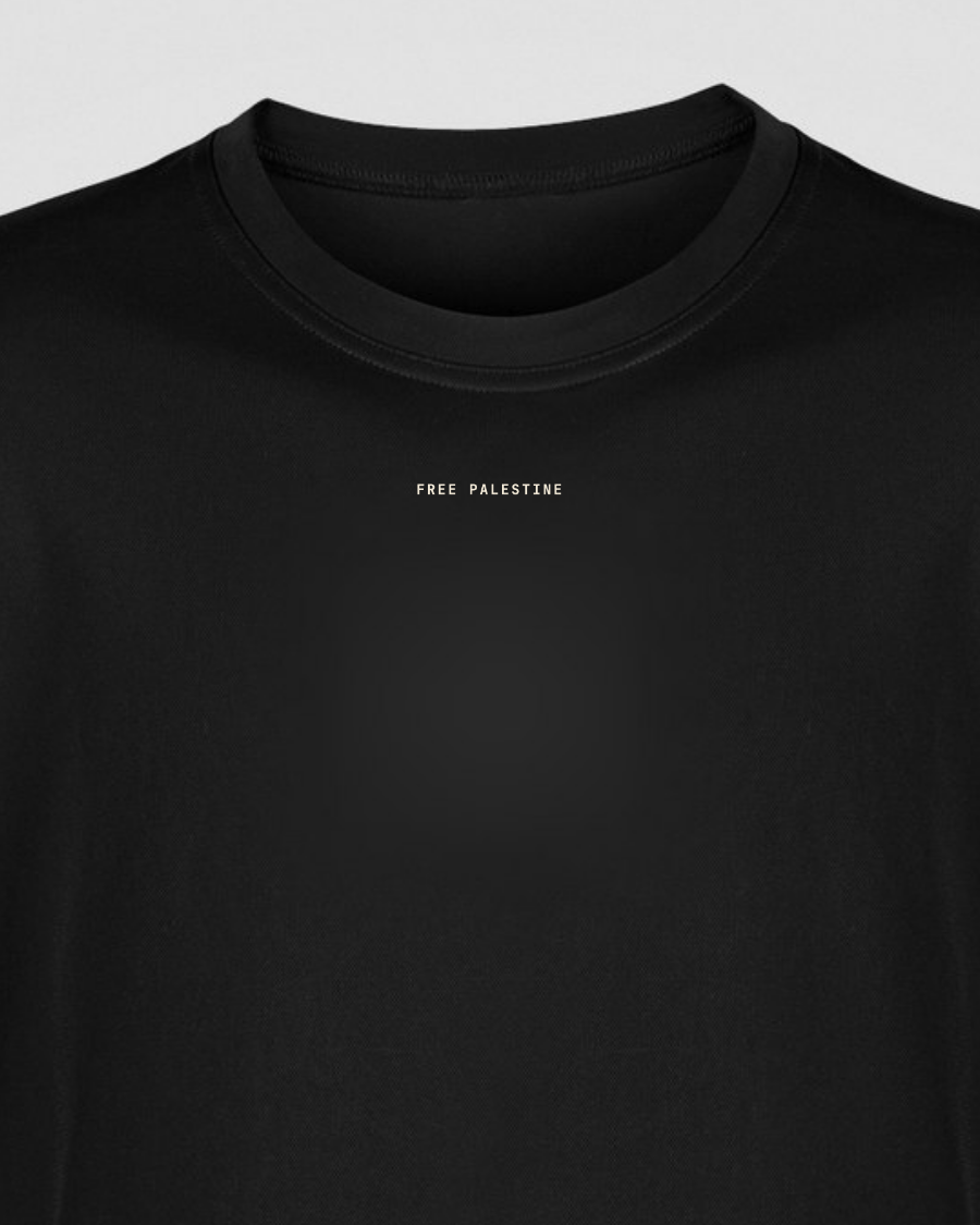 Vintage black tee with FREE PALESTINE printed small in ivory across the chest