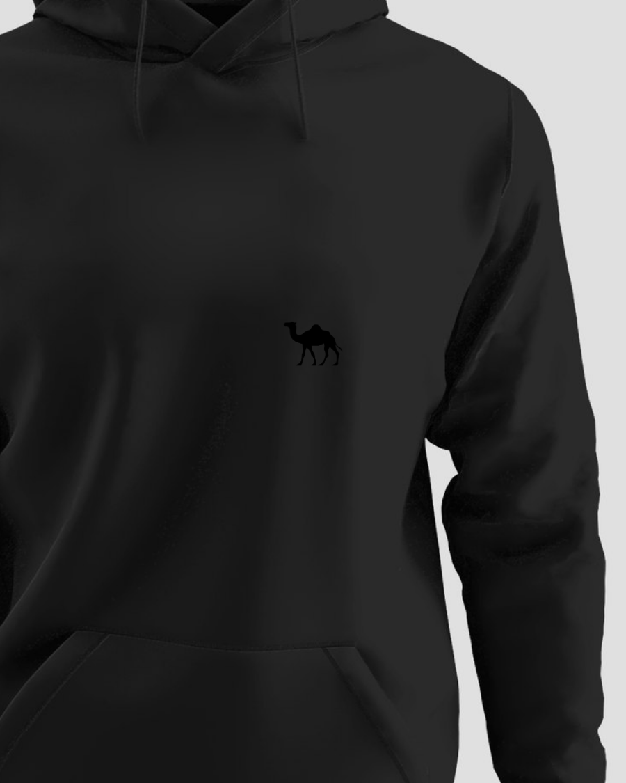 Black heavyweight hoodie with the DeenOD camel embroidered small on the left chest