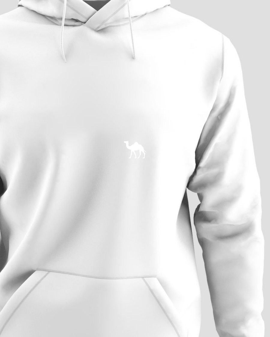White boxy hoodie with the DeenOD camel embroidered small on the left chest