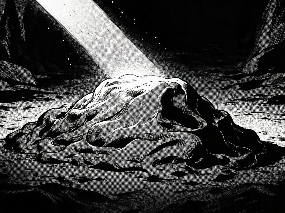 A heap of wet clay alone on the floor of a dark cavern, a single shaft of light falling across it