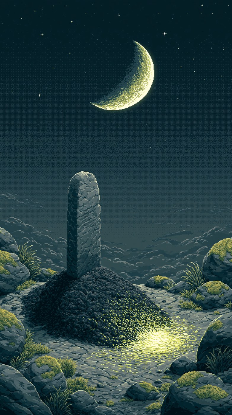 A single upright stone on a fresh mound of dark earth under a crescent moon