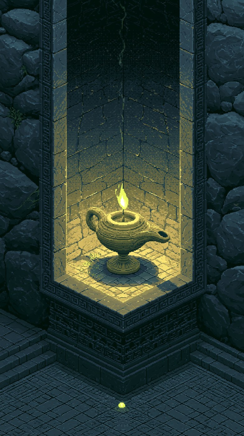 A clay oil lamp glowing warmly in a dark stone niche