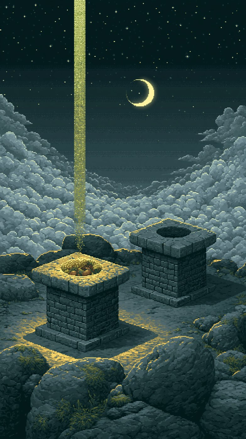 Two stone offering altars on bare earth under a night sky, a thin thread of light rising from one while the other stays dark