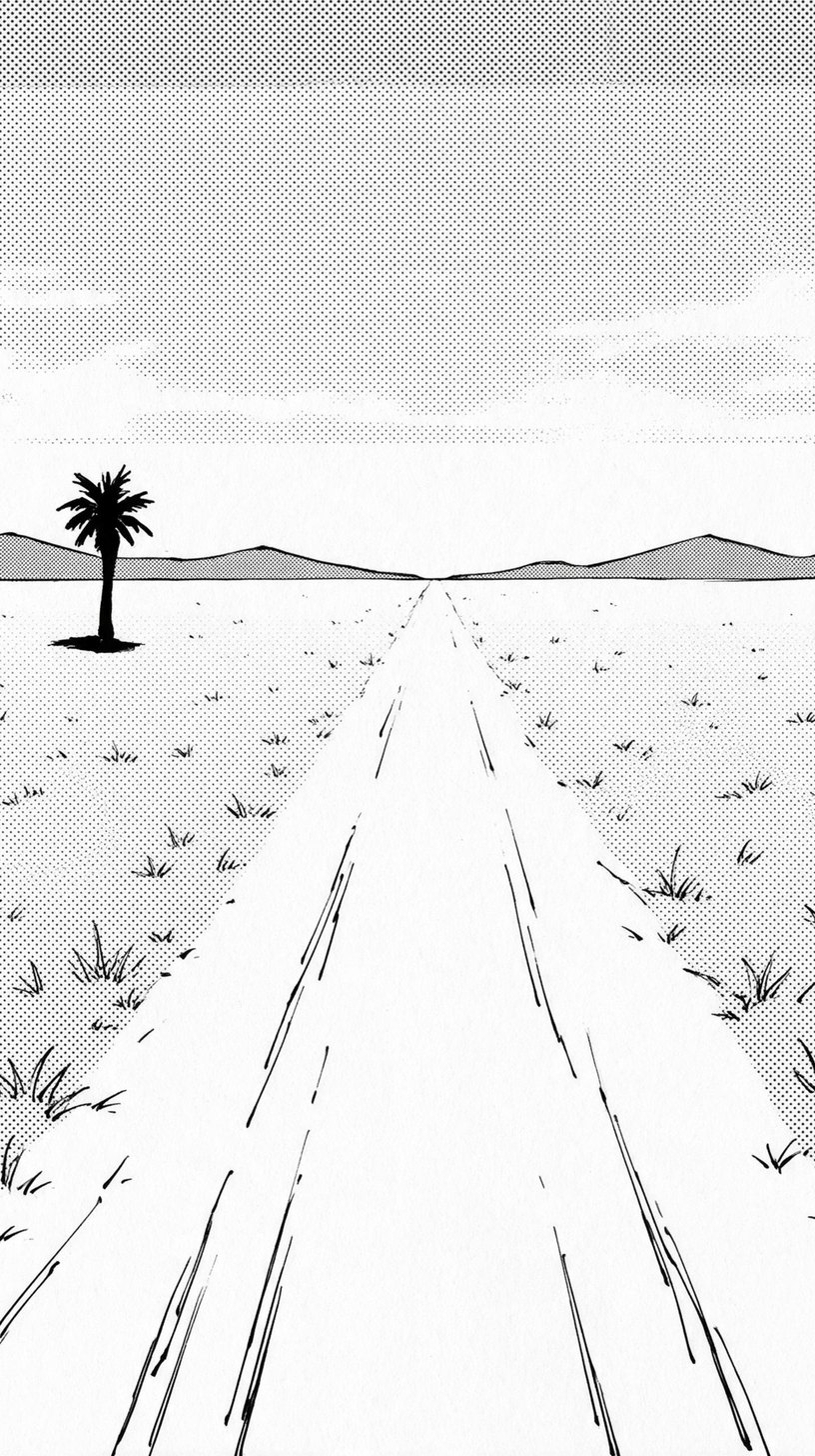 A bare dirt road running straight across a flat empty plain toward a lone palm and low hills