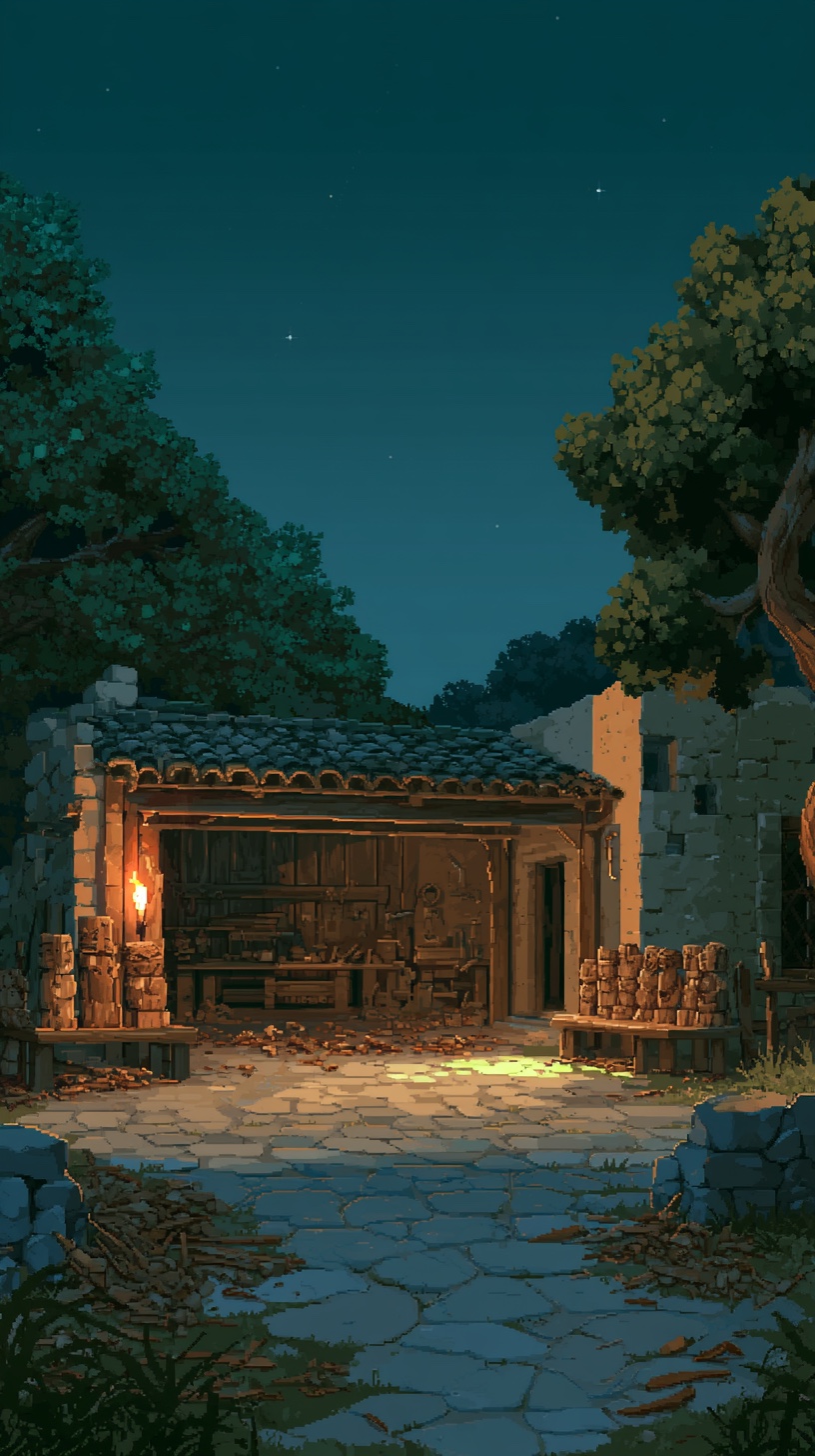 An open-air stone courtyard workshop at night, rows of half-carved wooden and stone idols under torchlight, open to a starry sky