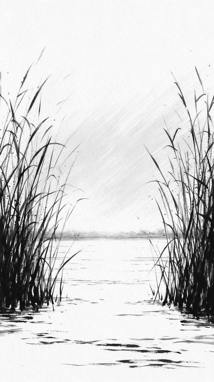A broad, still river at first light seen from low on the water between two tall stands of reeds, a faint far bank under a pale sky