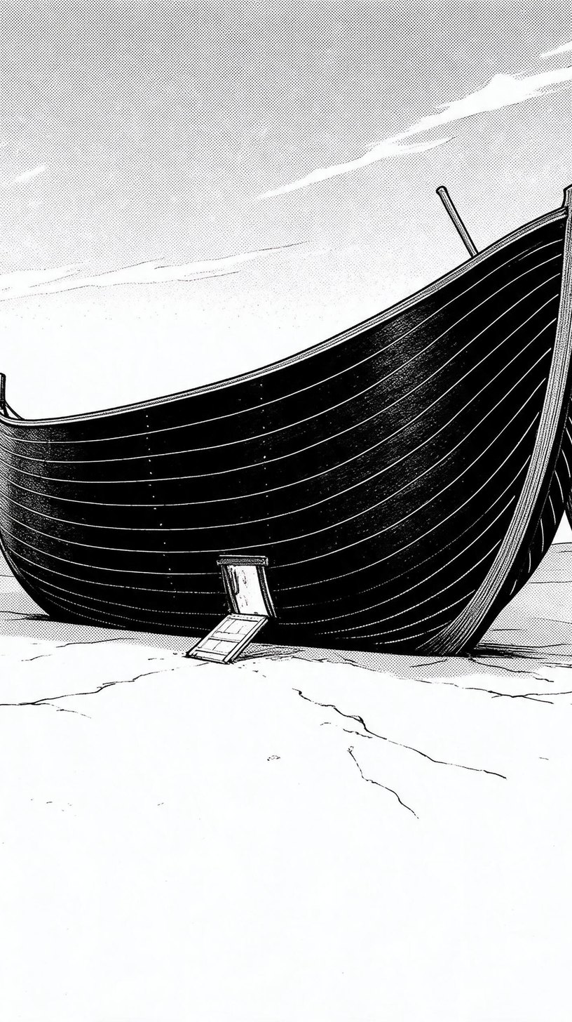 An enormous dark wooden ship standing alone on a vast dry plain, its door down like a ramp to the cracked ground