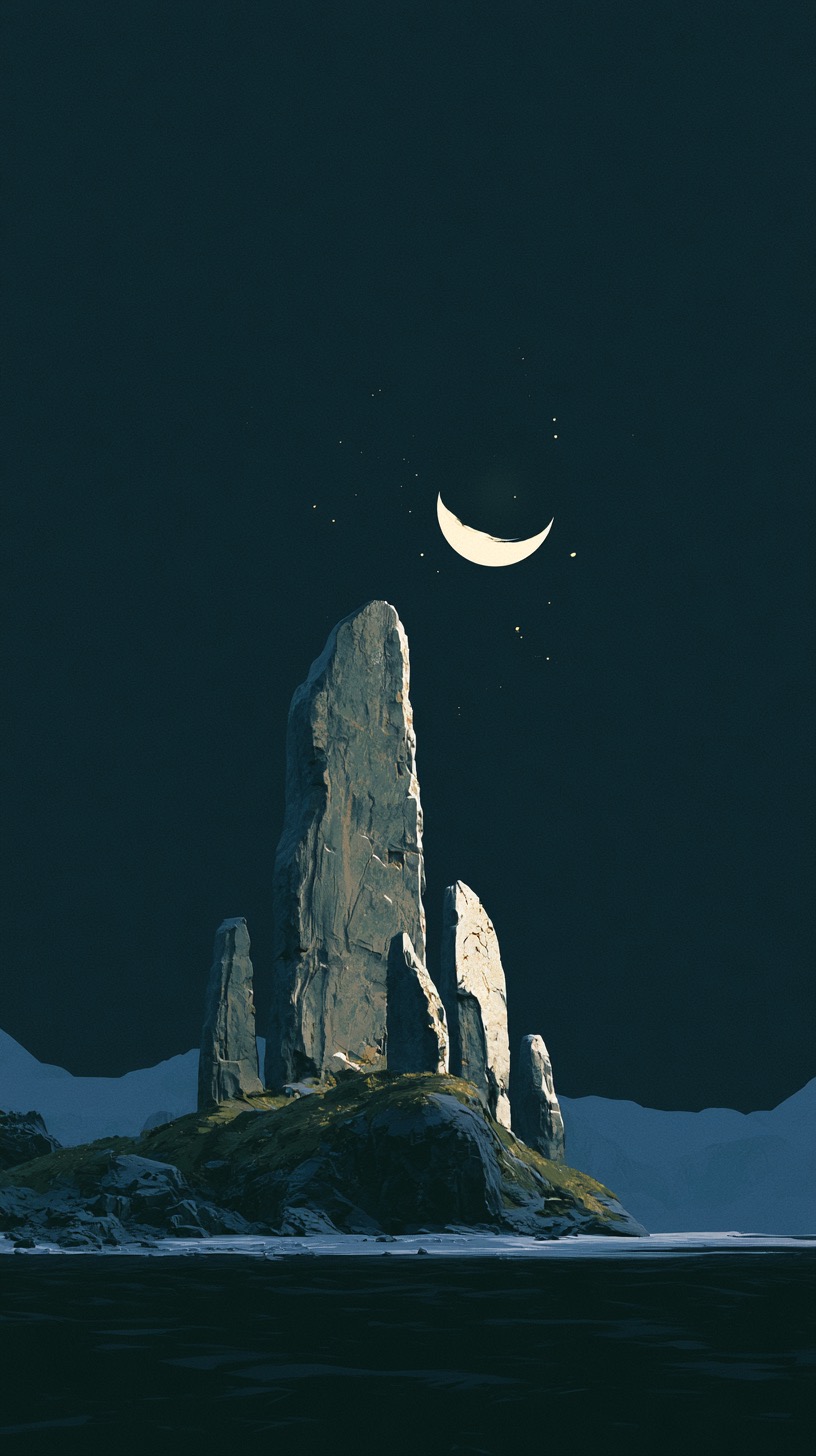 Five weathered blank standing idol-stones on a low ridge above a dark shore at night under a crescent moon