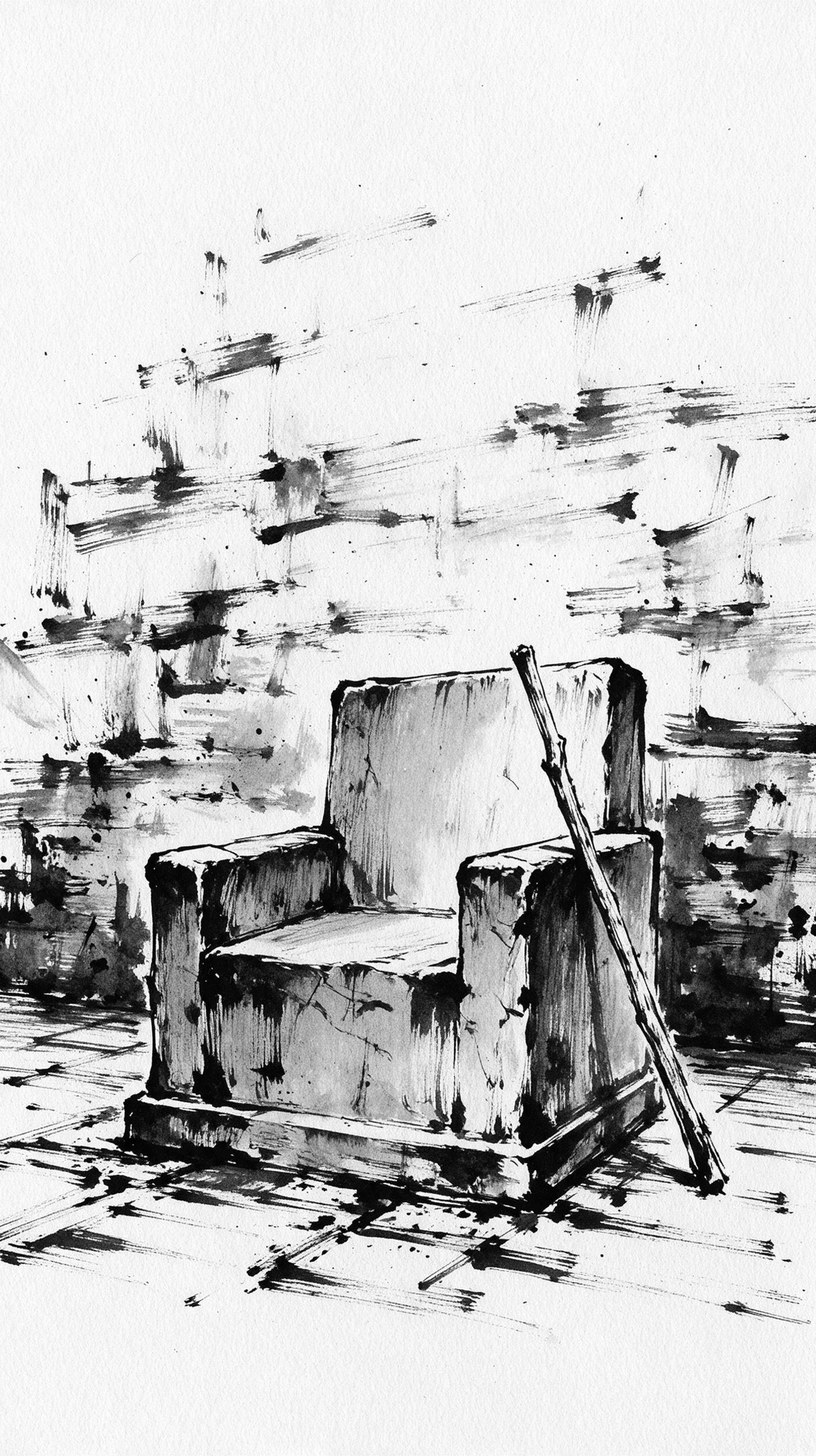 An empty high seat of squared stone in a bare hall, a plain wooden staff leaning against its arm