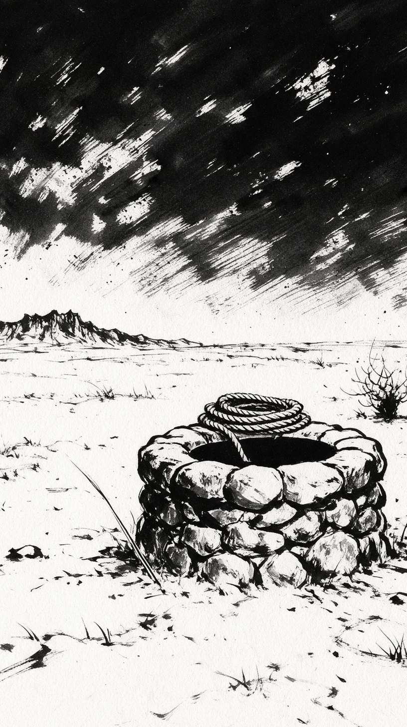 A round well-head of rough stacked stone alone on bare dry ground at night, a coil of rope on its lip, under a heavy dark sky